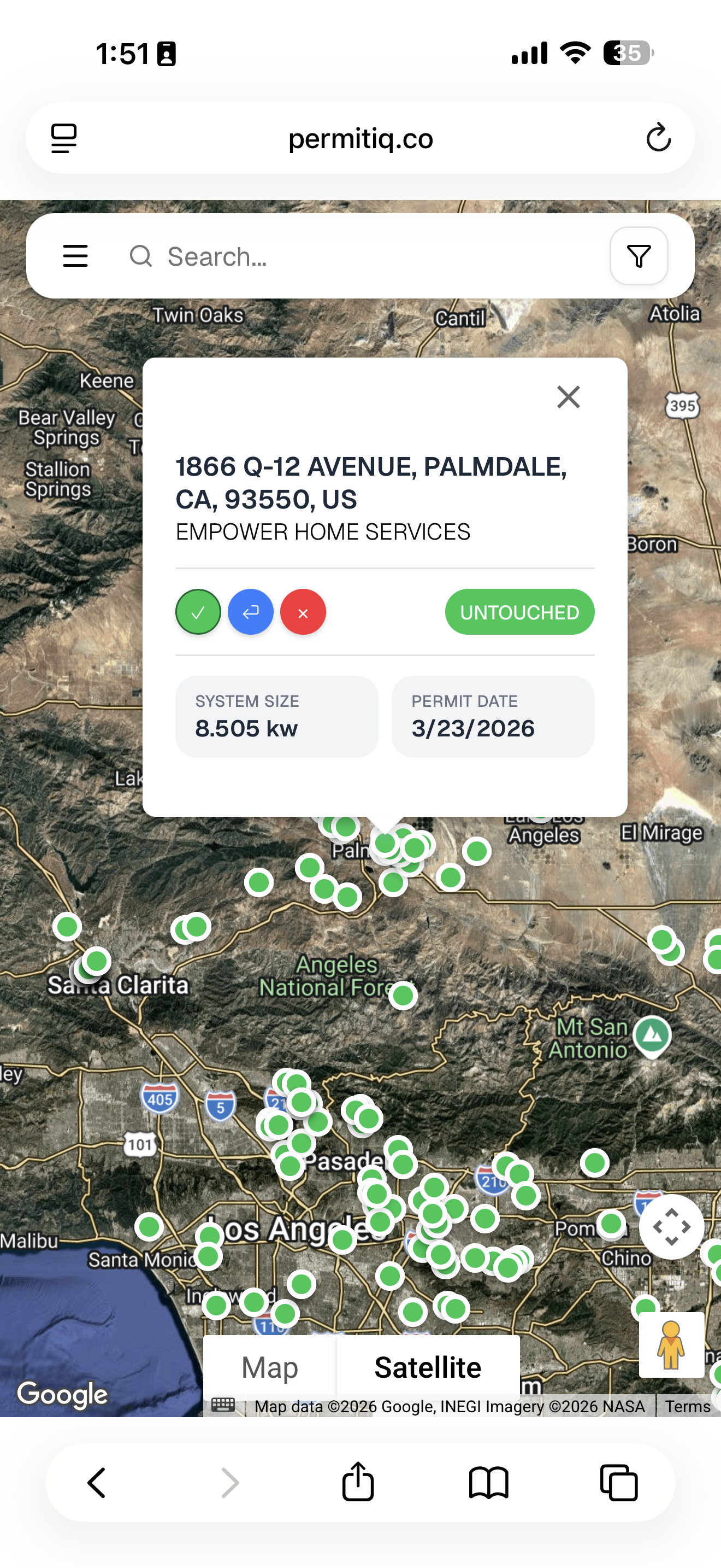 PermitIQ satellite view showing solar permits across Los Angeles territory
